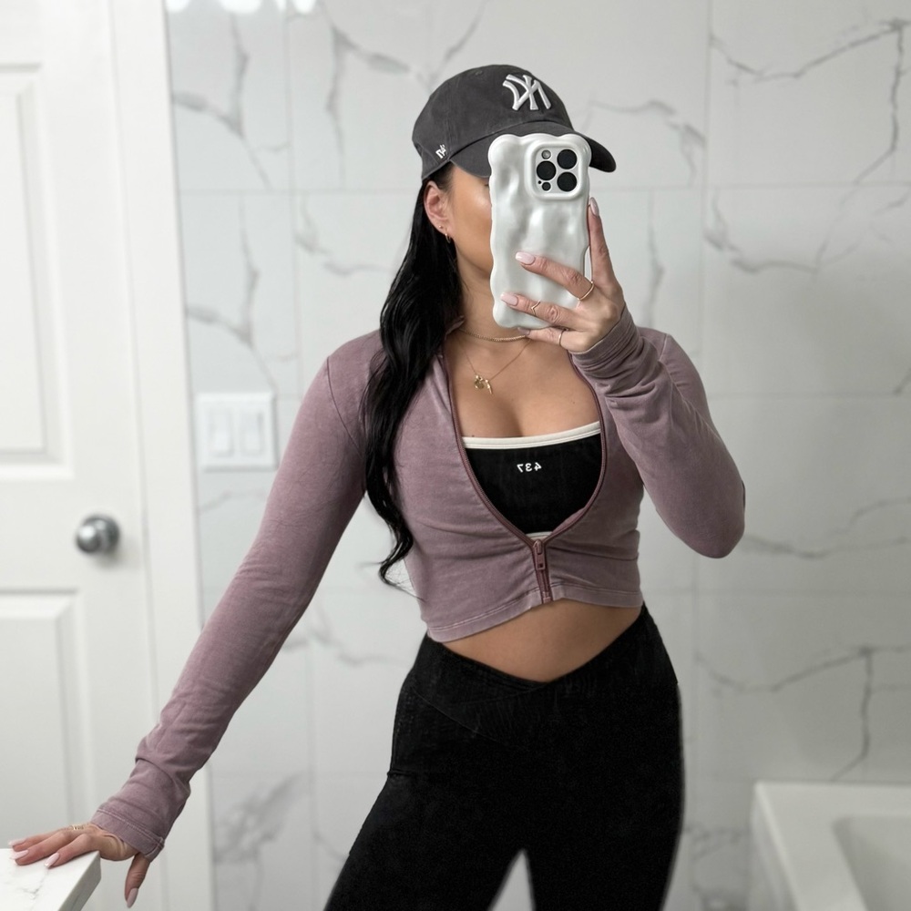 🩷 TNA Women's Mauve Long Sleeve Crop Zipper Sweater Top